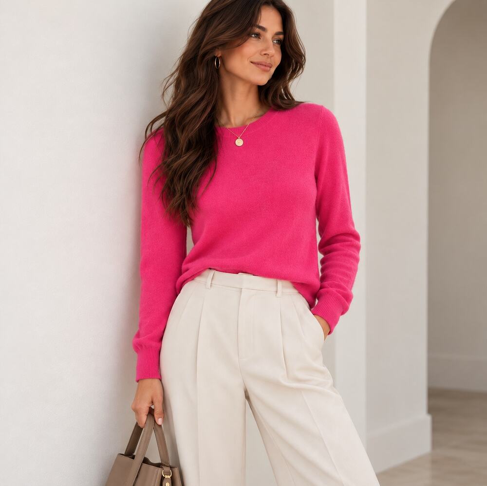 LORD & TAYLOR 100% Cashmere Crew Neck Sweater Hot Pink Sz M $238 {O38}